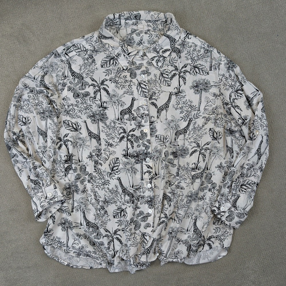 Jane + Delancey Shirt Women 1X Giraffe Safari Print White Black Rayon Roll Tab